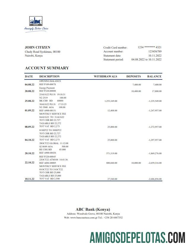 Kenya ABC Bank Statement Xls amostra
